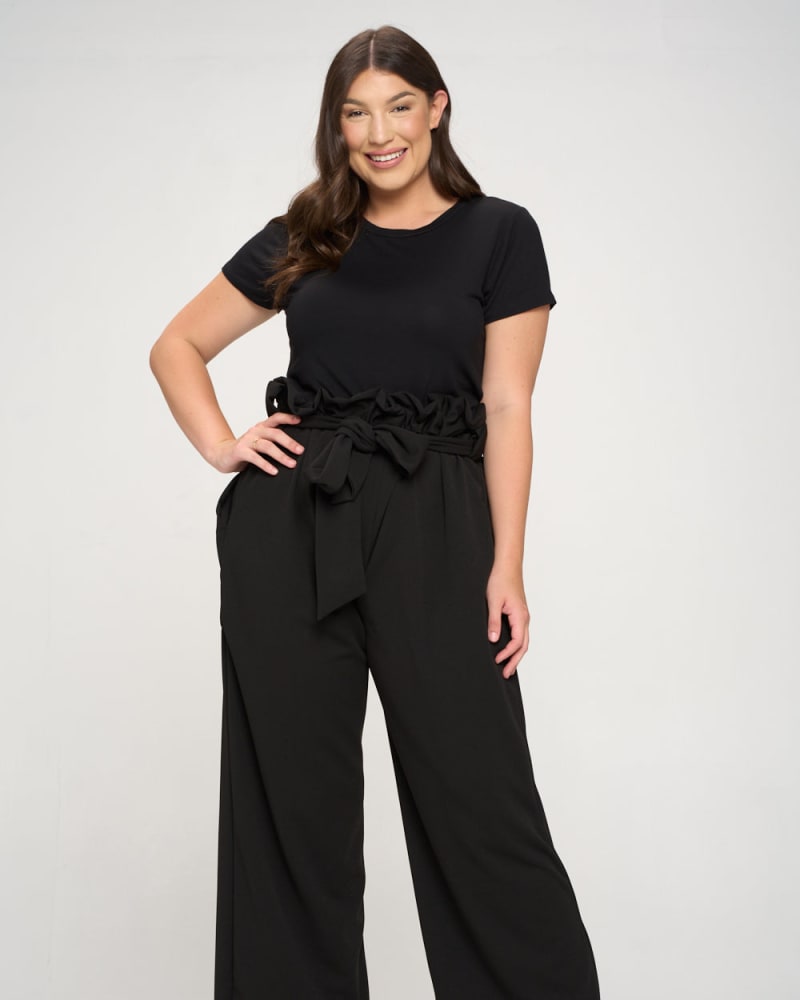 Front of a model wearing a size 1X Kathleen Paperbag Pants in Black by L I V D. | dia_product_style_image_id:241723